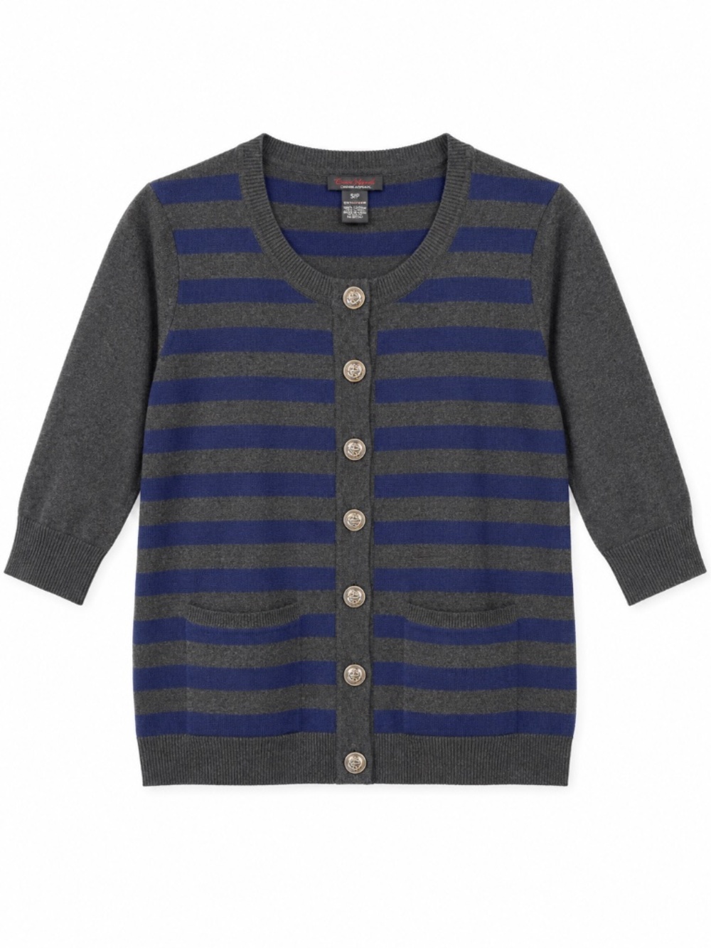 100% Cotton cardigan/sweater S grey/cobalt blue stripe 3/4 sleeve knit office